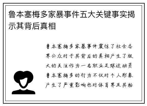 鲁本塞梅多家暴事件五大关键事实揭示其背后真相