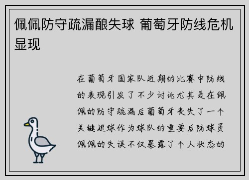 佩佩防守疏漏酿失球 葡萄牙防线危机显现